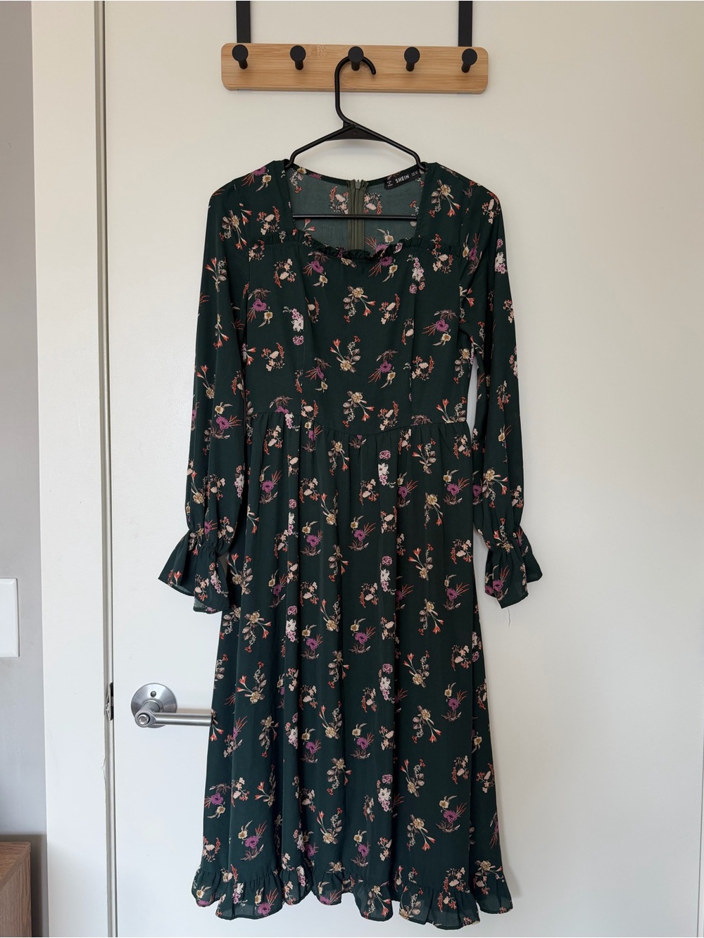SHEIN Forest Green Floral Ruffle Neck Mini Dress